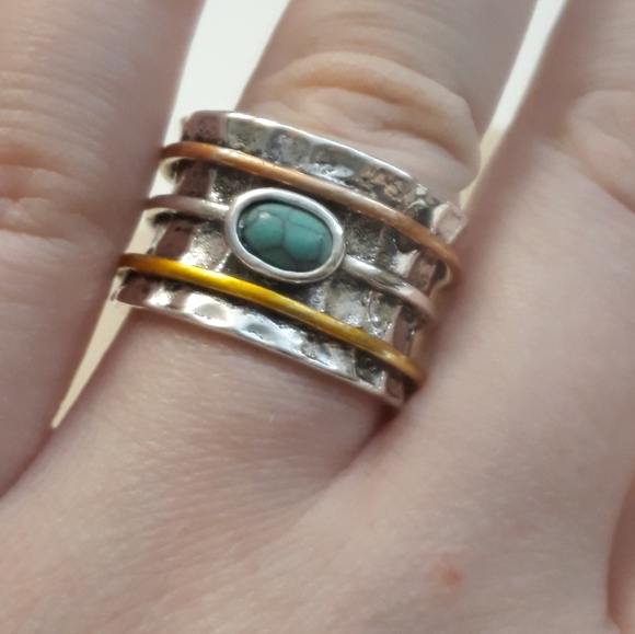 Stacked Sterling Silver/Hammered Turquoise Band Ring (6, 7, 8, 9, 10, 11) - Picture 7 of 7